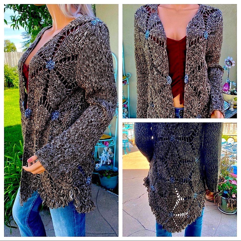 XS-M BoHo Chic Crochet Scallop Fringe Cardigan Duster Sweater - Picture 2 of 16